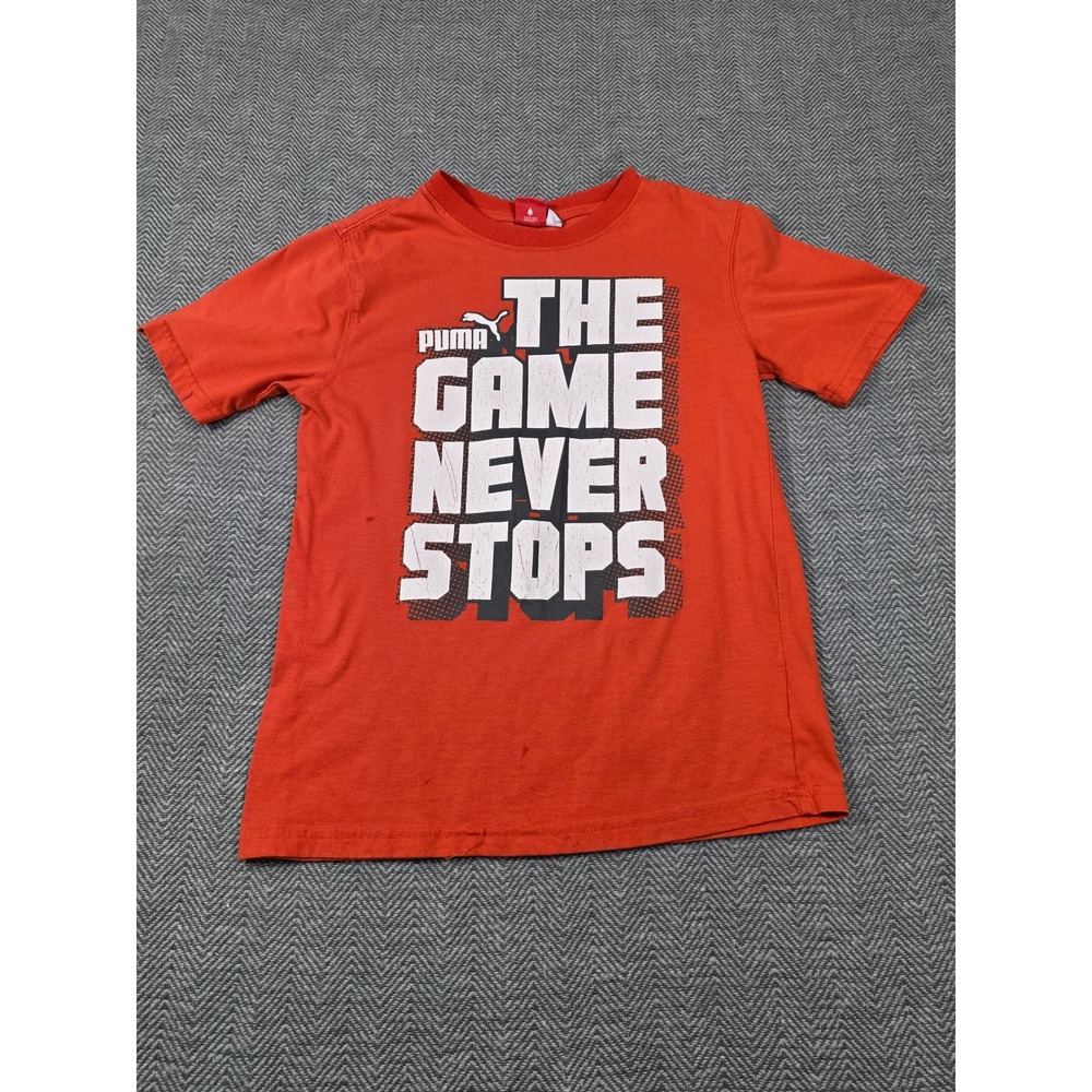 Puma Mens Orange The Game Never Stops Graphic T-Shirt Short Sleeve Crew Neck